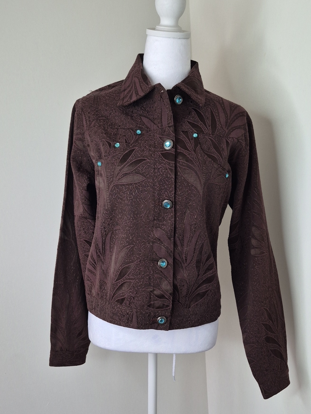 new directions Brown Embossed Button-Front Jacket with Turquoise Accents Size M
